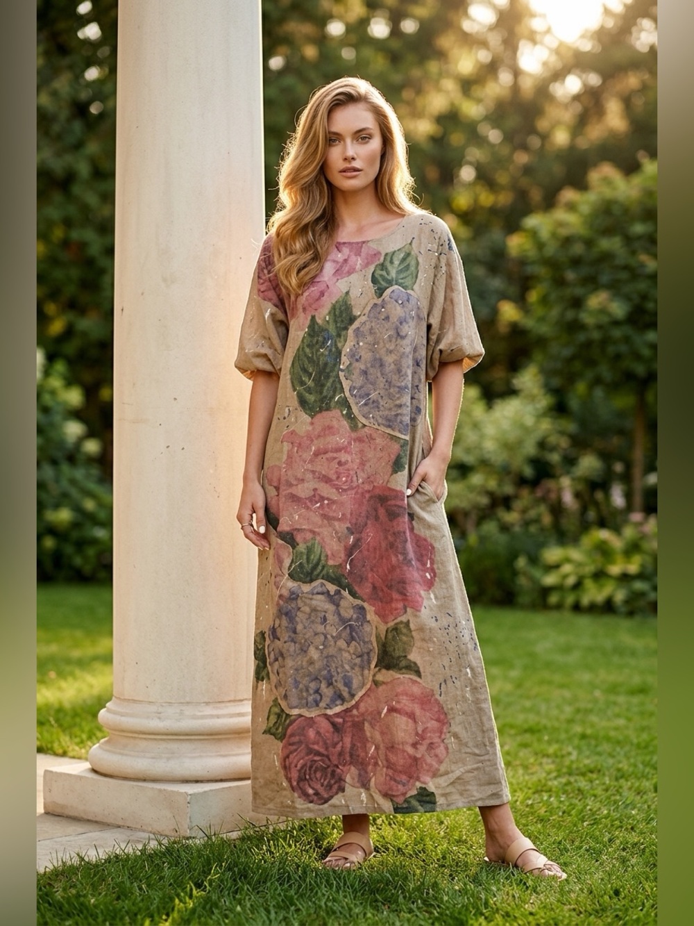 NWT A Rare Bird Splatter Paint Natural Linen Vintage Rose Patch Dress